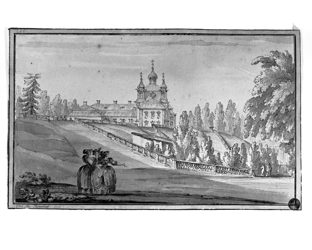 paesaggio con architetture (disegno, opera isolata) di Quarenghi Giacomo (attribuito) (sec. XVIII)
