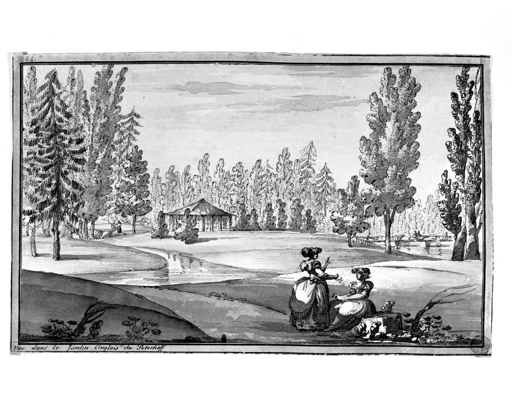 paesaggio fluviale (disegno, opera isolata) di Quarenghi Giacomo (attribuito) (sec. XVIII)