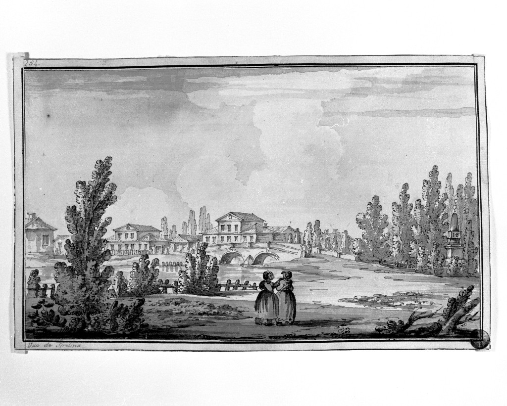 paesaggio con architetture (disegno, opera isolata) di Quarenghi Giacomo (attribuito) (sec. XVIII)