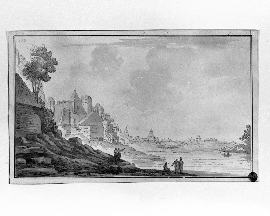 paesaggio con architetture (disegno, opera isolata) di Quarenghi Giacomo (attribuito) (sec. XVIII)