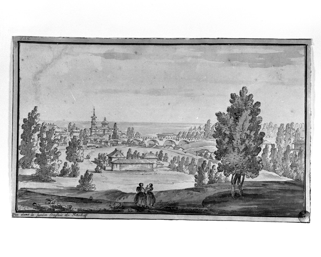 paesaggio con architetture (disegno, opera isolata) di Quarenghi Giacomo (attribuito) (sec. XVIII)