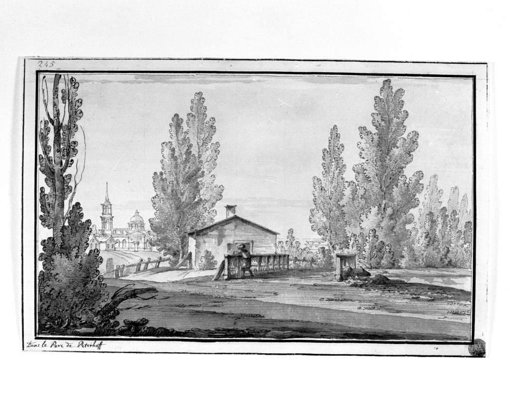 paesaggio con architetture (disegno, opera isolata) di Quarenghi Giacomo (attribuito) (sec. XVIII)