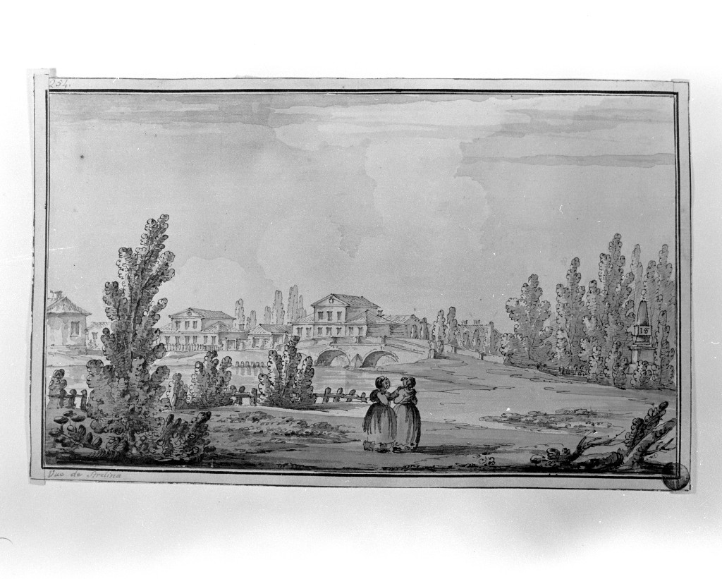 paesaggio con architetture (disegno, opera isolata) di Quarenghi Giacomo (attribuito) (sec. XVIII)