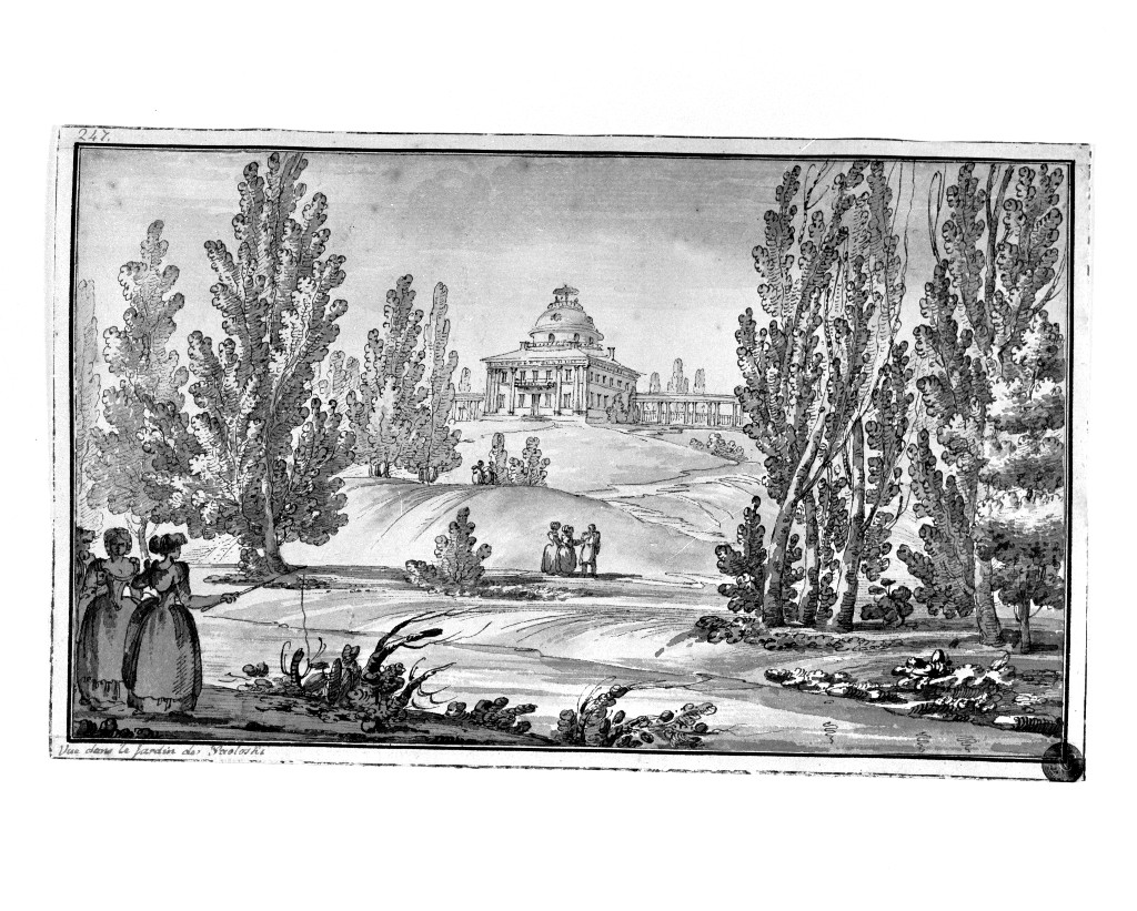 paesaggio con architetture (disegno, opera isolata) di Quarenghi Giacomo (attribuito) (sec. XVIII)