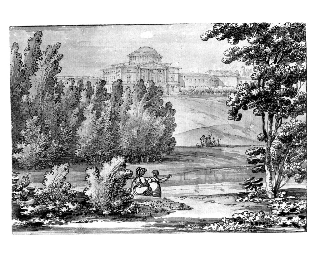 paesaggio con architetture (disegno, opera isolata) di Quarenghi Giacomo (attribuito) (sec. XVIII)