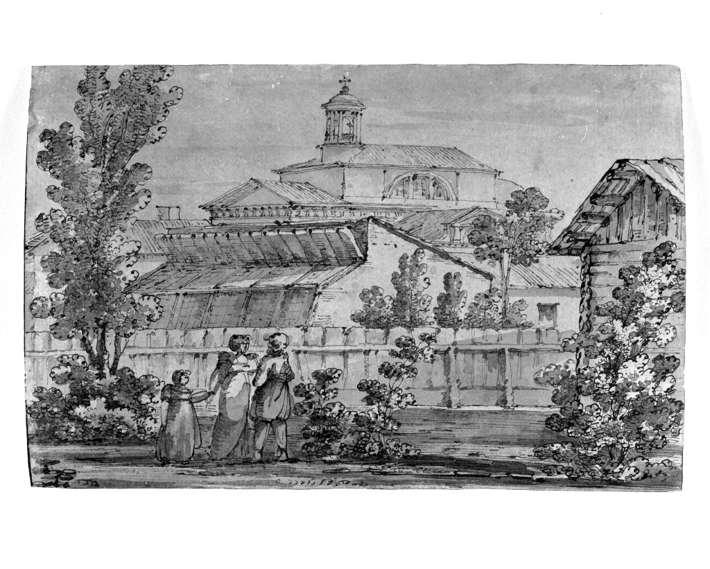 paesaggio con architetture (disegno, opera isolata) di Quarenghi Giacomo (attribuito) (sec. XVIII)
