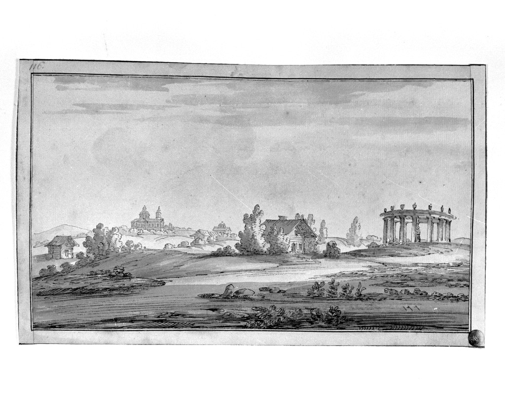paesaggio con architetture (disegno, opera isolata) di Quarenghi Giacomo (attribuito) (sec. XVIII)