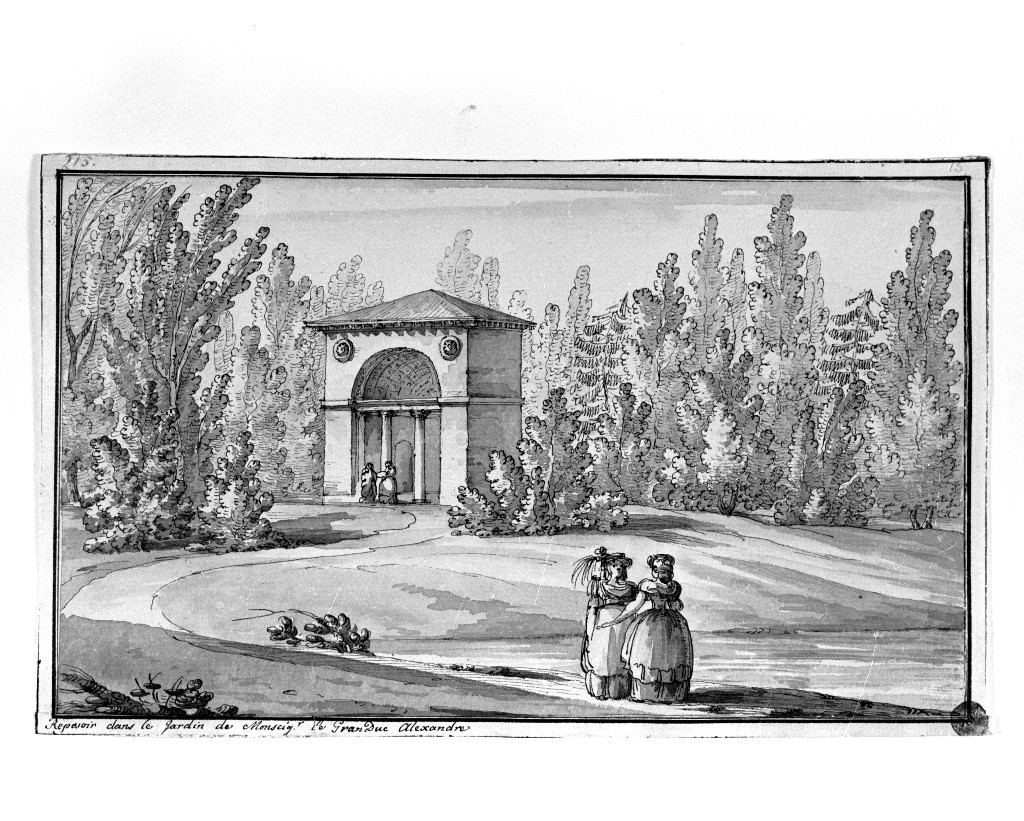 paesaggio con architetture (disegno, opera isolata) di Quarenghi Giacomo (attribuito) (sec. XVIII)