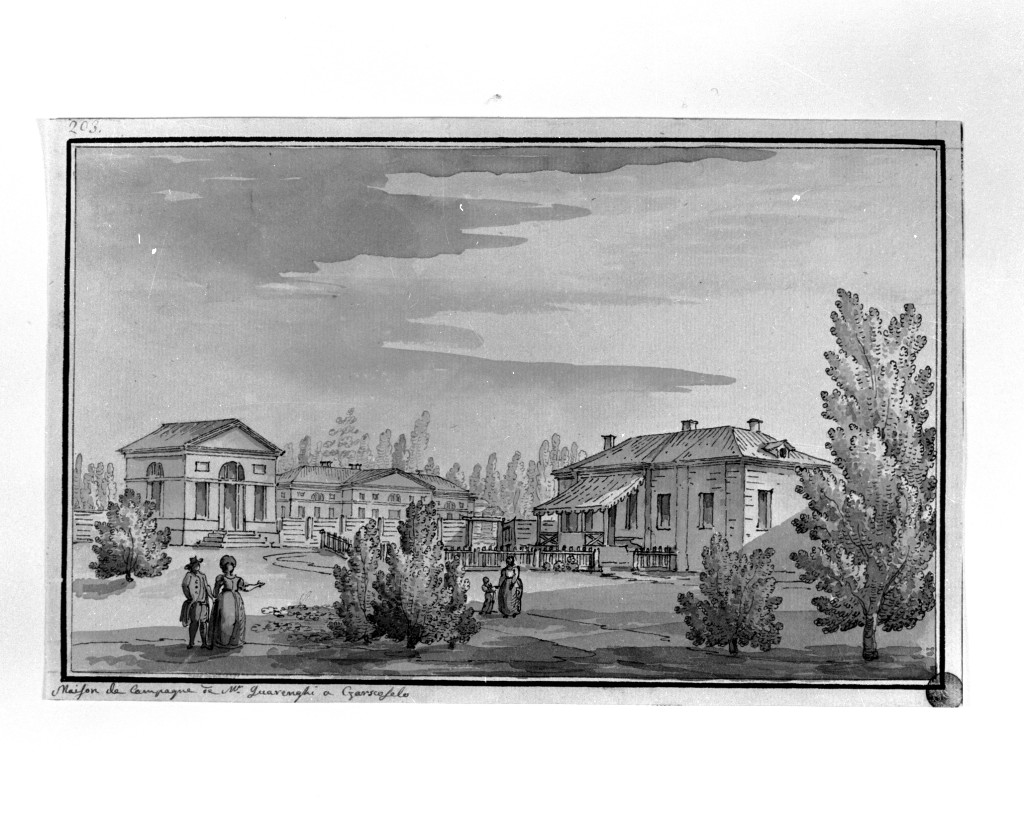 paesaggio con architetture (disegno, opera isolata) di Quarenghi Giacomo (attribuito) (sec. XVIII)