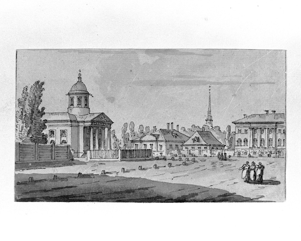 paesaggio con architetture (disegno, opera isolata) di Quarenghi Giacomo (attribuito) (sec. XVIII)