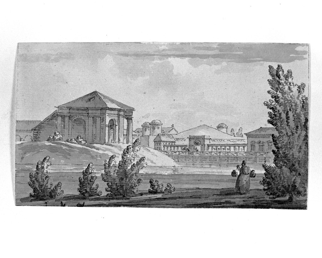 paesaggio con architetture (disegno, opera isolata) di Quarenghi Giacomo (attribuito) (sec. XVIII)