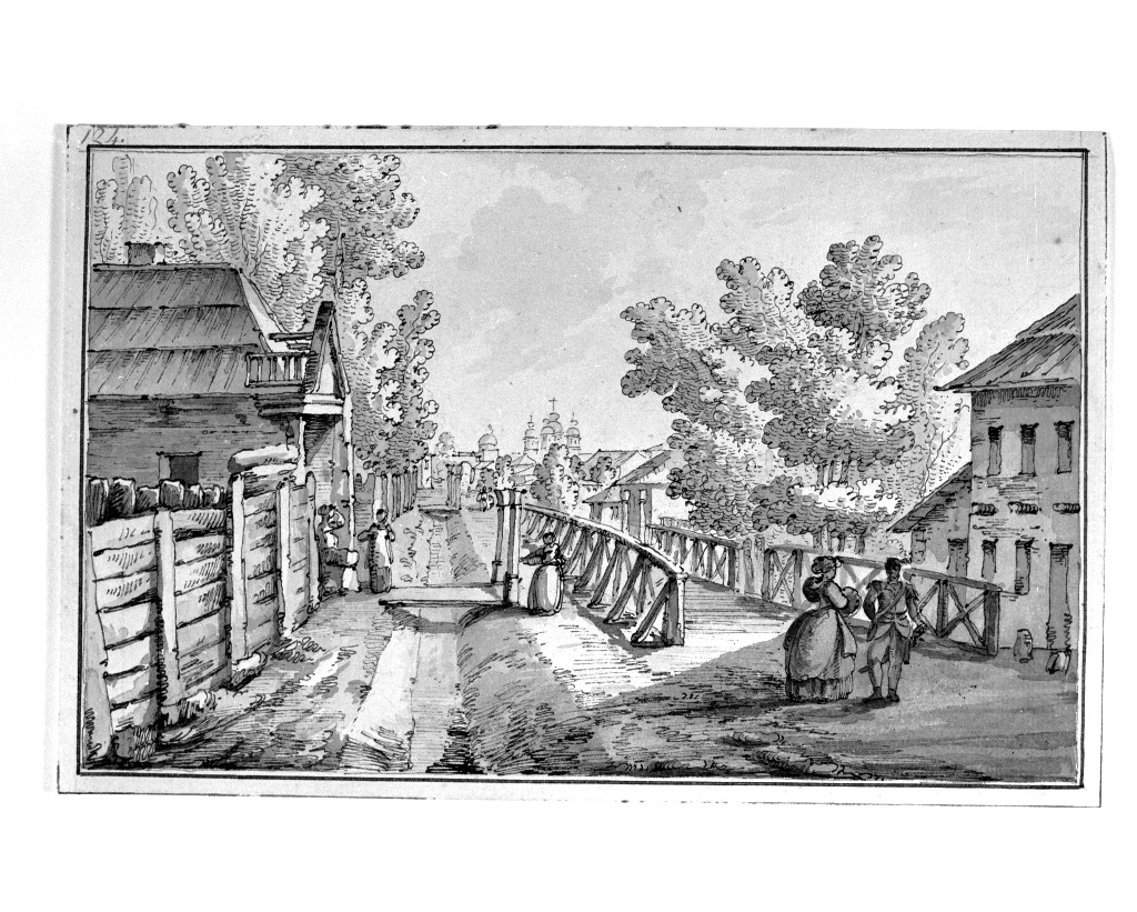 paesaggio con architetture (disegno, opera isolata) di Quarenghi Giacomo (attribuito) (sec. XVIII)