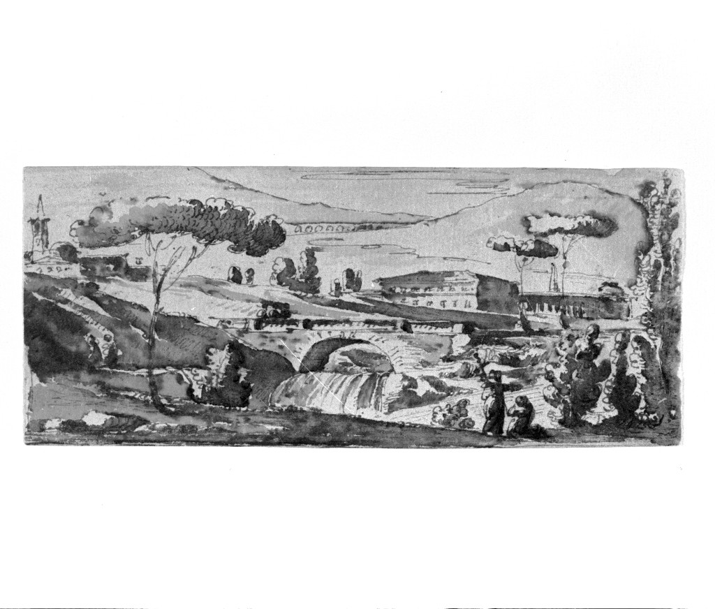 Paesaggio con ponte, cascata e villa (recto); frammento di pianta del Palazzo di Alessandro a Carskoe Selo (verso), paesaggio con architetture (disegno, elemento d'insieme) di Quarenghi Giacomo (attribuito) (sec. XVIII)