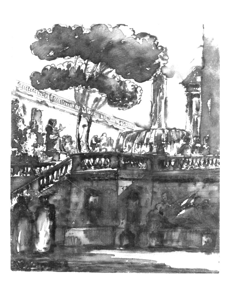 paesaggio con architetture (disegno, opera isolata) di Quarenghi Giacomo (attribuito) (sec. XVIII)