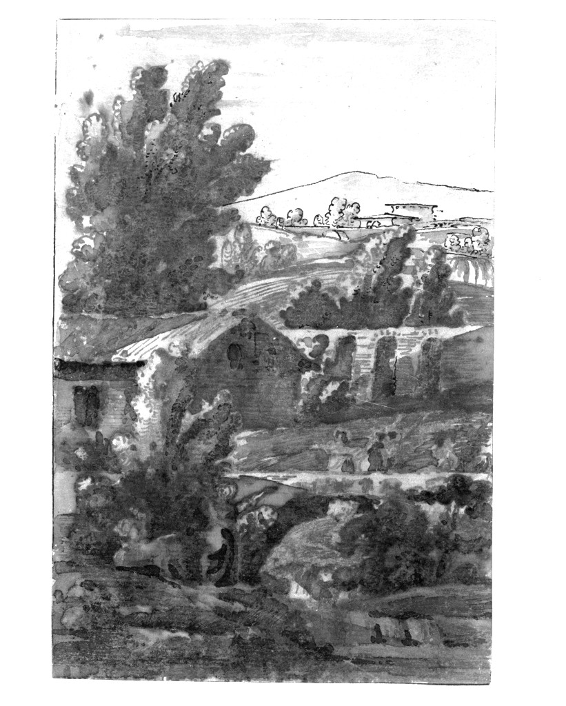 paesaggio con architetture (disegno, opera isolata) di Quarenghi Giacomo (attribuito) (sec. XVIII)