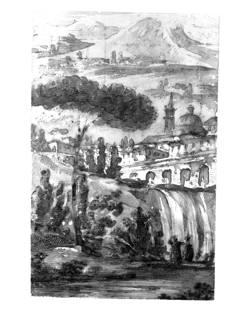 paesaggio con architetture (disegno, elemento d'insieme) di Quarenghi Giacomo (attribuito) (sec. XVIII)