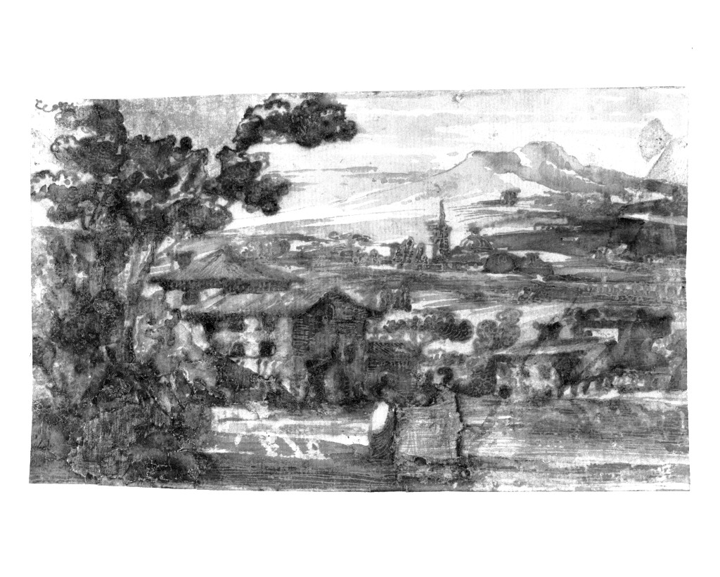 paesaggio con architetture (disegno, opera isolata) di Quarenghi Giacomo (attribuito) (sec. XVIII)