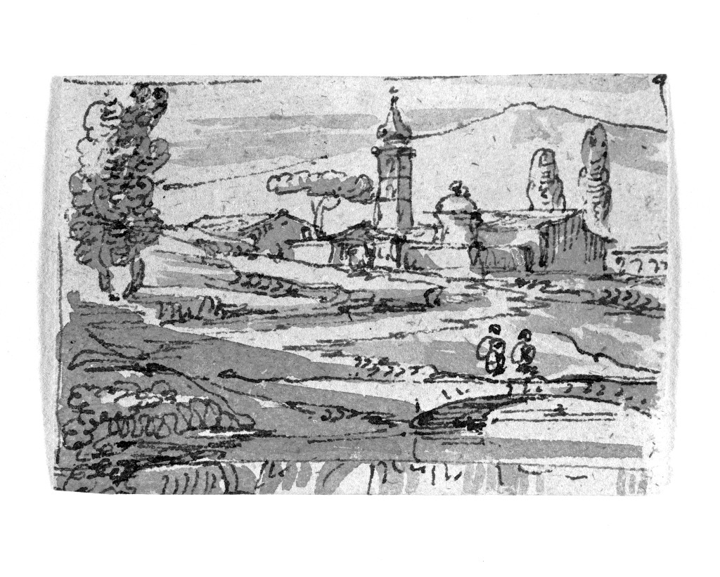 paesaggio con architetture (disegno, opera isolata) di Quarenghi Giacomo (attribuito) (sec. XVIII)