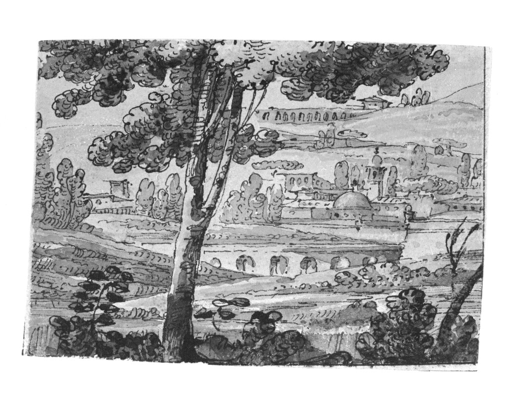 paesaggio con architetture (disegno, opera isolata) di Quarenghi Giacomo (attribuito) (fine/inizio secc. XVIII/ XIX)