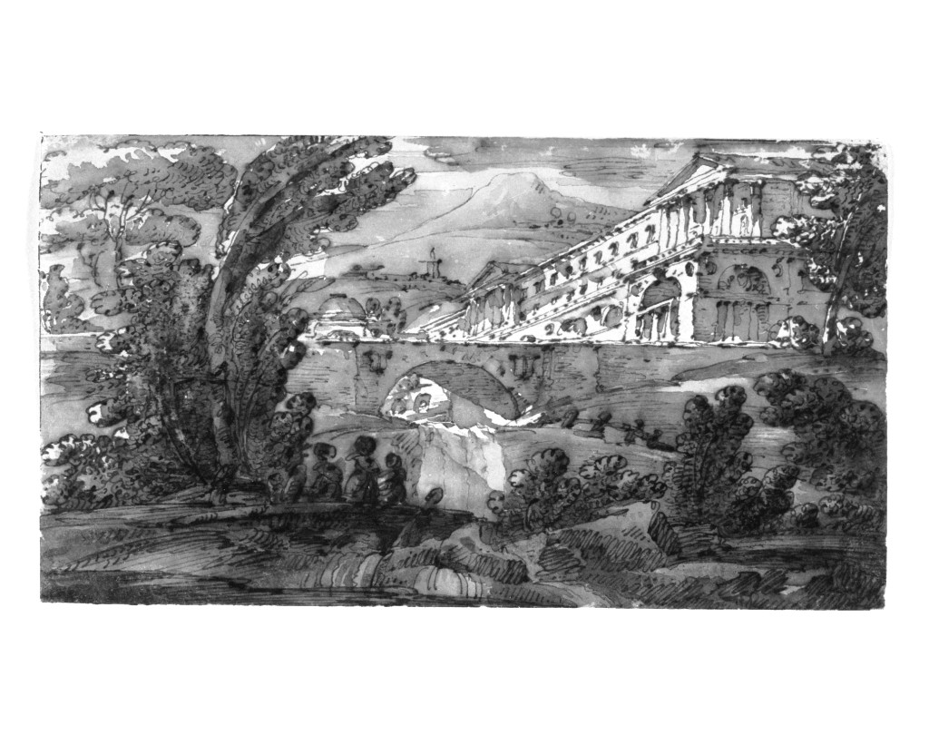 paesaggio con architetture (disegno, opera isolata) di Quarenghi Giacomo (attribuito) (fine sec. XVIII)