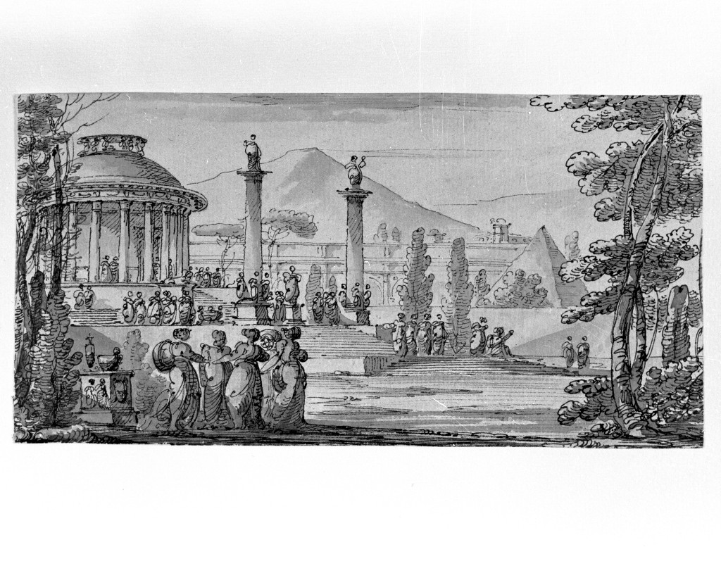 paesaggio con architetture (disegno, opera isolata) di Quarenghi Giacomo (attribuito) (fine, fine sec. XVIII, sec. XVIII)