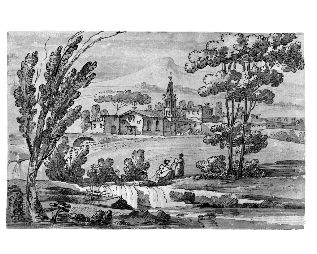 paesaggio con architetture (disegno, opera isolata) di Quarenghi Giacomo (attribuito) (fine sec. XVIII)