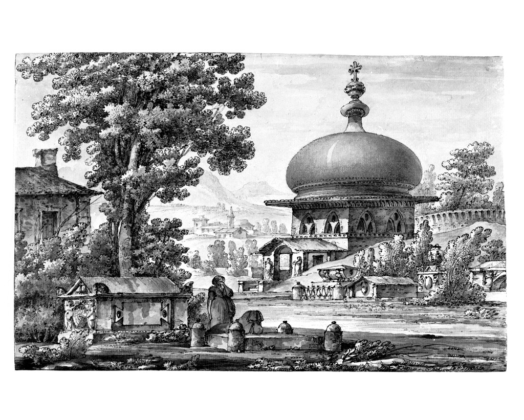 paesaggio con architetture (disegno, opera isolata) di Quarenghi Giacomo (attribuito) (fine/inizio secc. XVIII/ XIX)