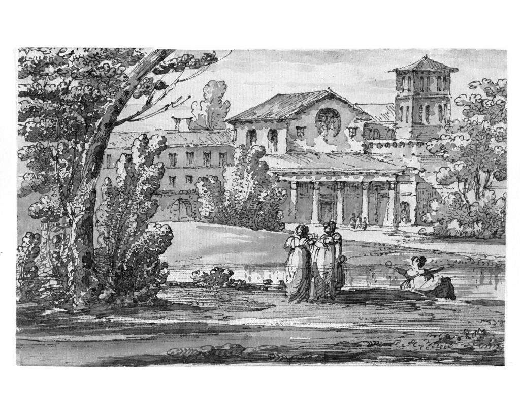 paesaggio con architetture (disegno, opera isolata) di Quarenghi Giacomo (attribuito) (sec. XVIII)