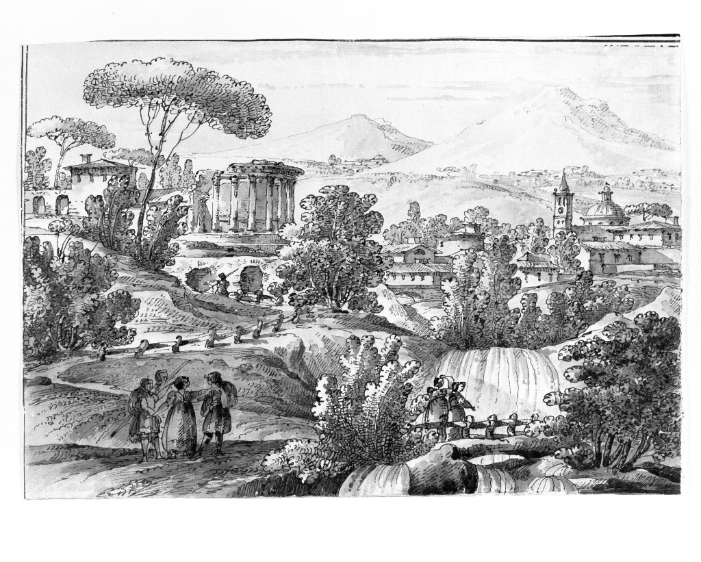 paesaggio con architetture (disegno, opera isolata) di Quarenghi Giacomo (attribuito) (sec. XVIII)