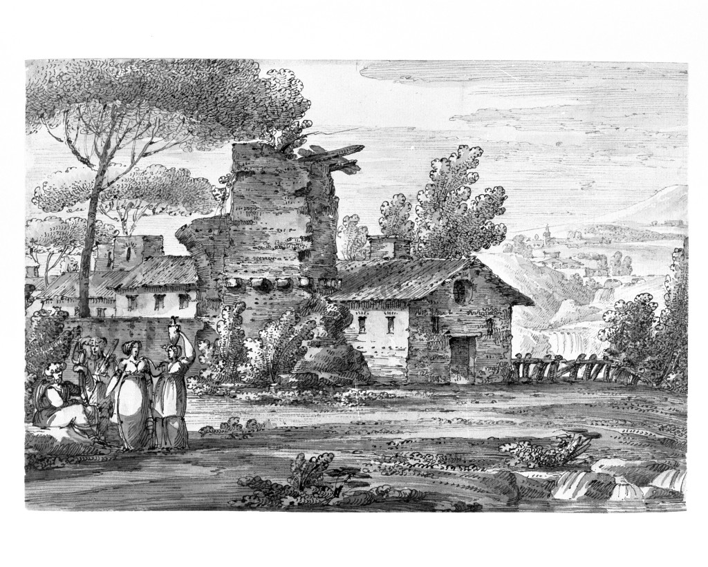 paesaggio con architetture (disegno, opera isolata) di Quarenghi Giacomo (attribuito) (inizio sec. XIX)