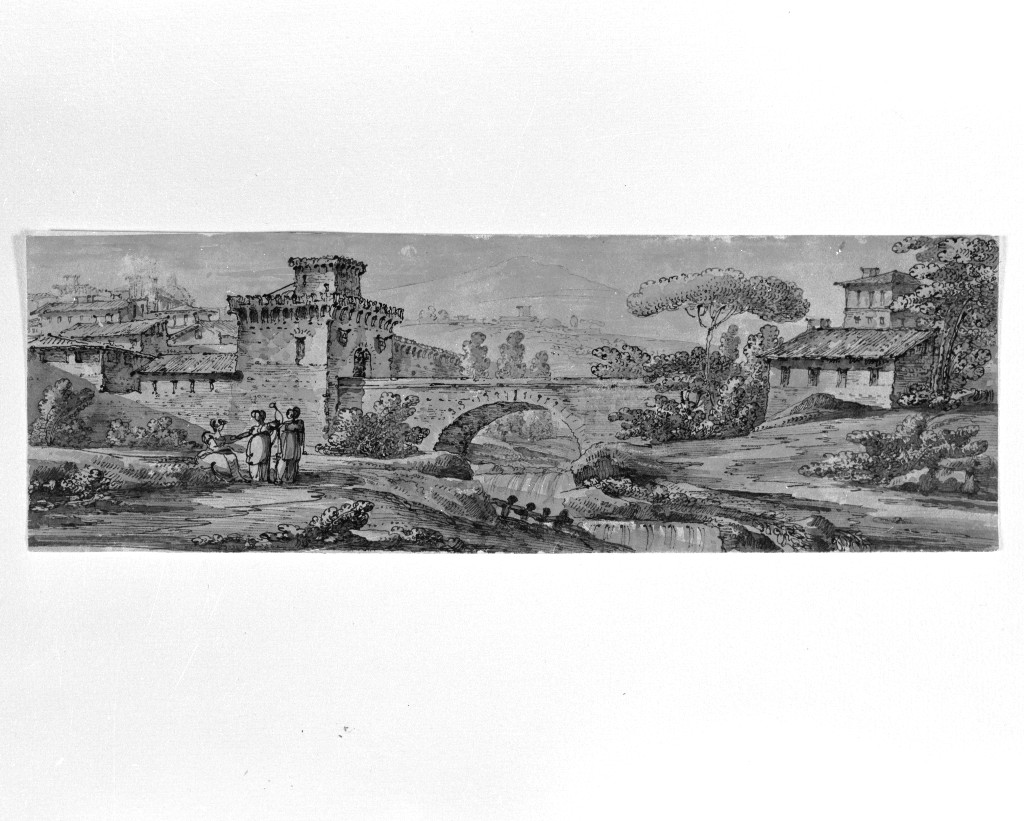 paesaggio con architetture (disegno, opera isolata) di Quarenghi Giacomo (attribuito) (inizio sec. XIX)