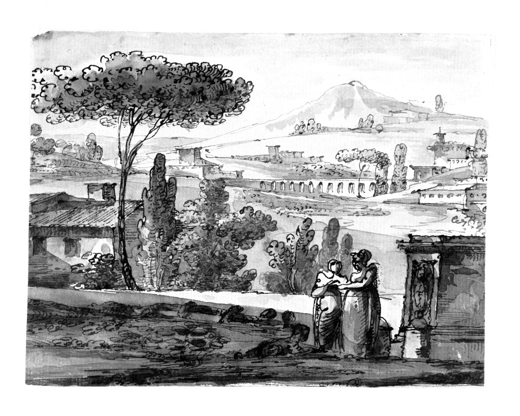 paesaggio con architetture (disegno, opera isolata) di Quarenghi Giacomo (attribuito) (inizio sec. XIX)