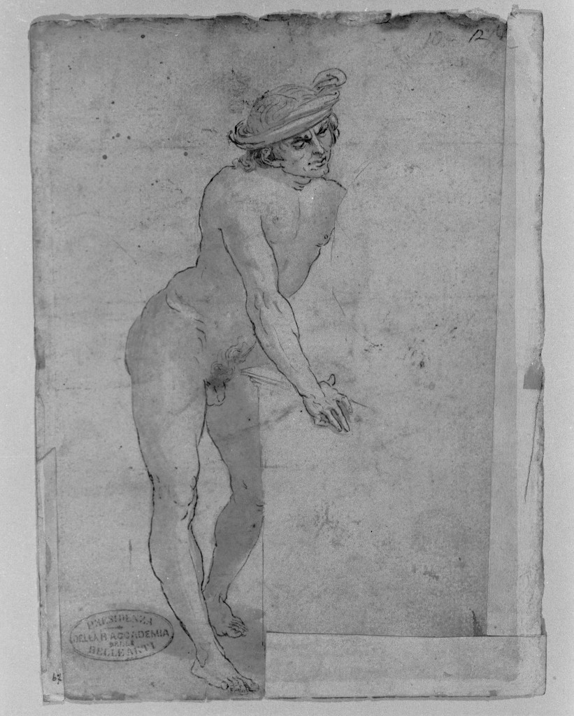 giovane nudo (disegno, elemento d'insieme) di Sanzio Raffaello detto Raffaello (cerchia) (sec. XVI)