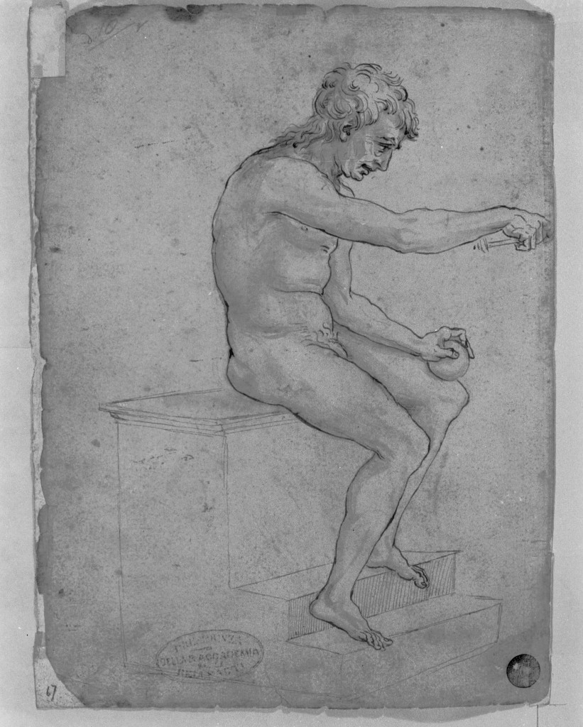 figura maschile seduta (disegno, elemento d'insieme) di Sanzio Raffaello detto Raffaello (cerchia) (sec. XVI)