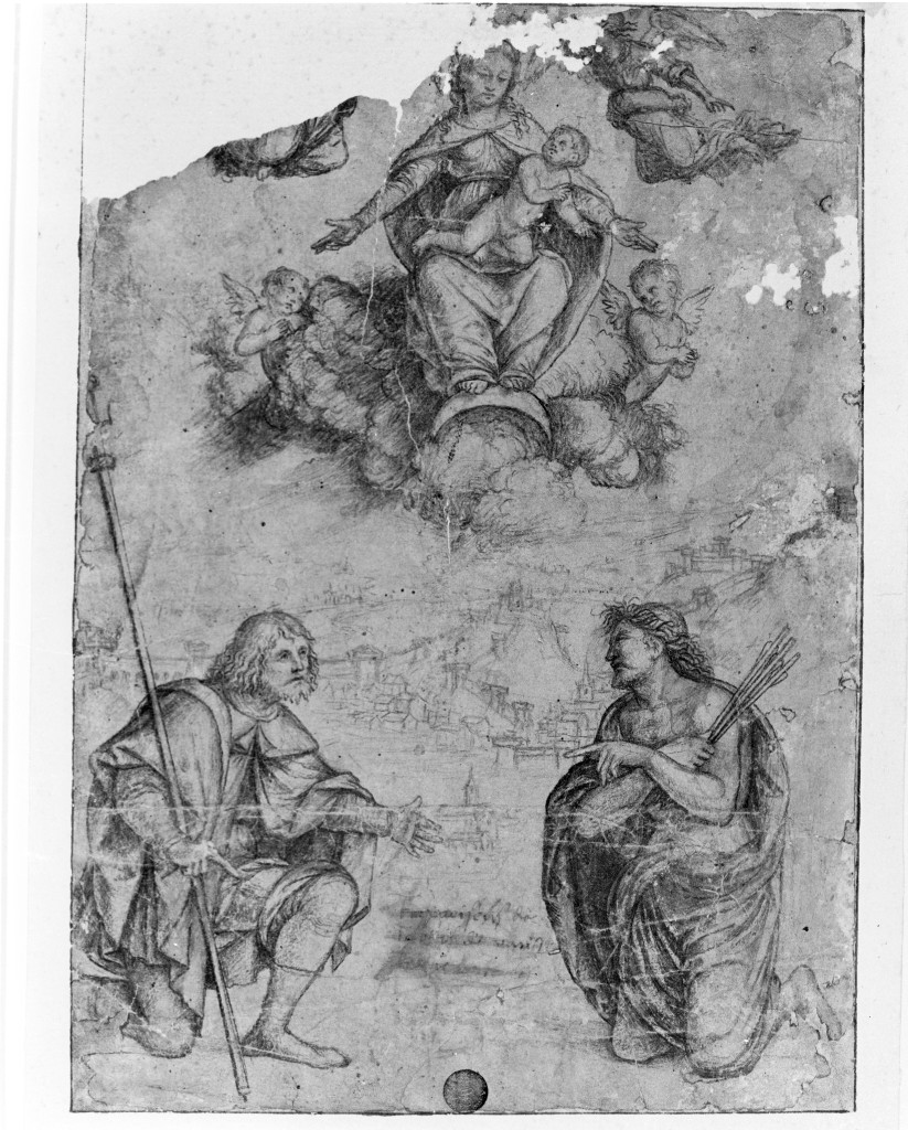 Madonna con Bambino e angeli tra San Sebastiano e San Rocco (disegno, opera isolata) di De Tatti Francesco di Giorgio (inizio sec. XVI)