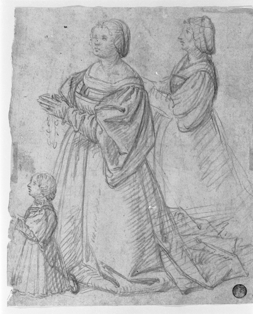 Due dame e una bambina inginocchiate, verso sinistra, figure femminili (disegno, elemento d'insieme) di Boccaccino Boccaccio (secc. XV/ XVI)