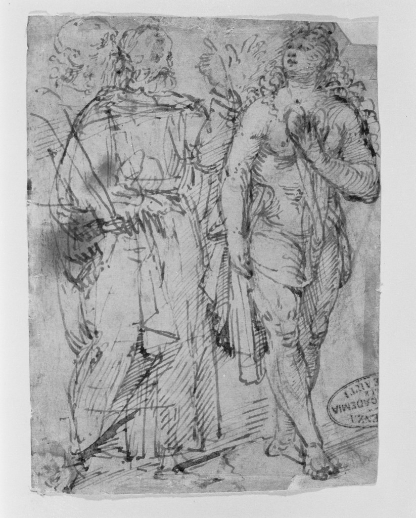 Tre figure, studio di figure (disegno, elemento d'insieme) di Boccaccino Boccaccio (secc. XV/ XVI)