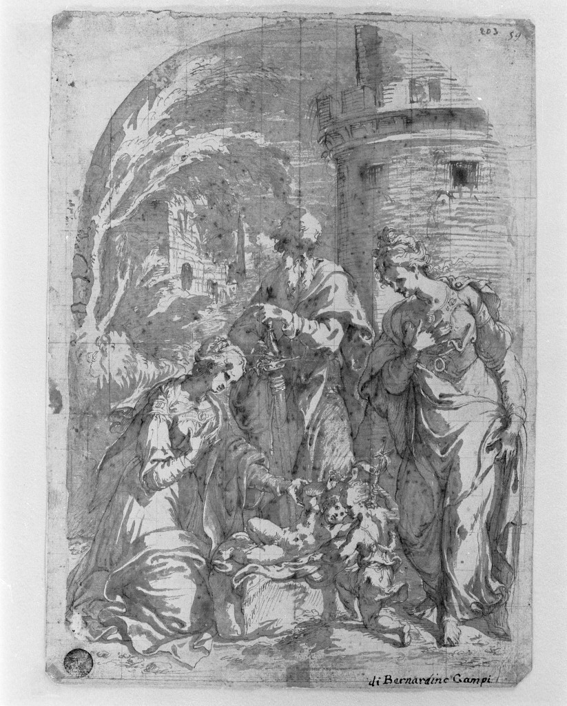 Madonna col Bambino, S. Giovannino, S. Paolo e una Santa, Madonna con Bambino e Santi (disegno, elemento d'insieme) di Urbino Carlo (sec. XVI)