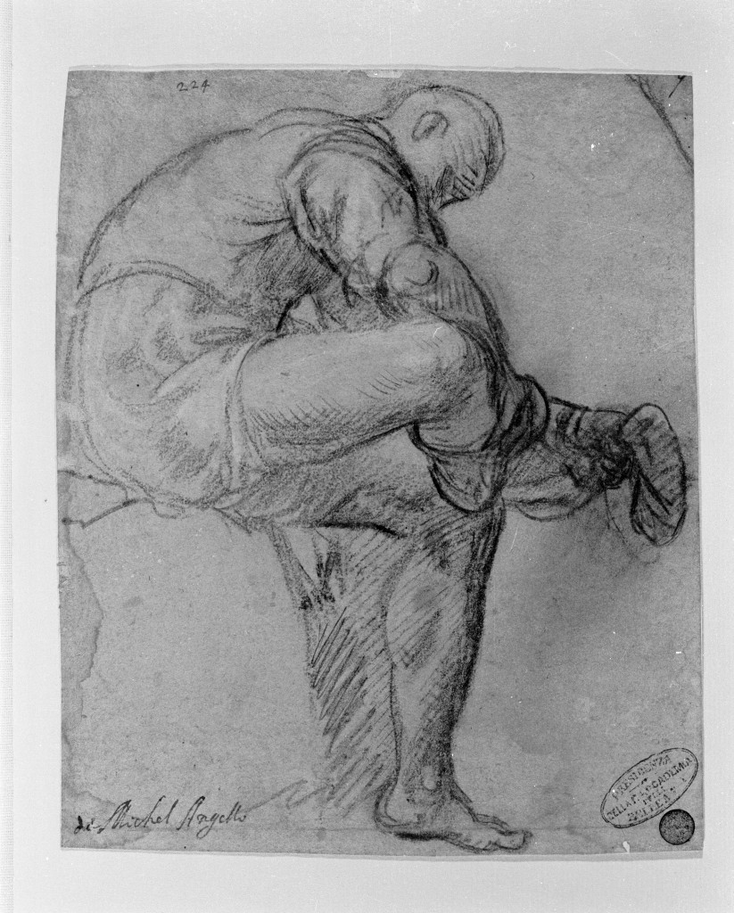 Uomo che si leva le calze, figura maschile seduta (disegno, opera isolata) di Gambara Lattanzio (sec. XVI)