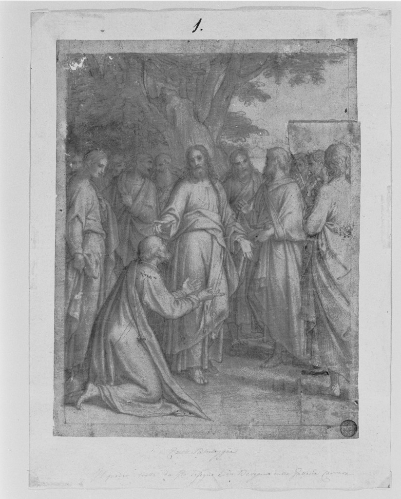 Cristo consegna le chiavi a San Pietro (disegno, opera isolata) di Caccia Guglielmo (secc. XVI/ XVII)