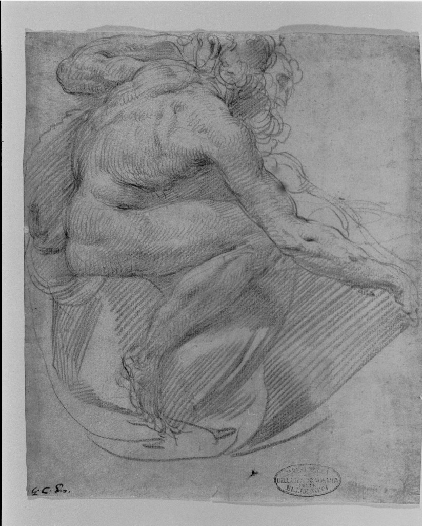 Due nudi virili rannicchiati, figura maschile seduta (disegno, elemento d'insieme) di Procaccini Giulio Cesare (secc. XVI/ XVII)