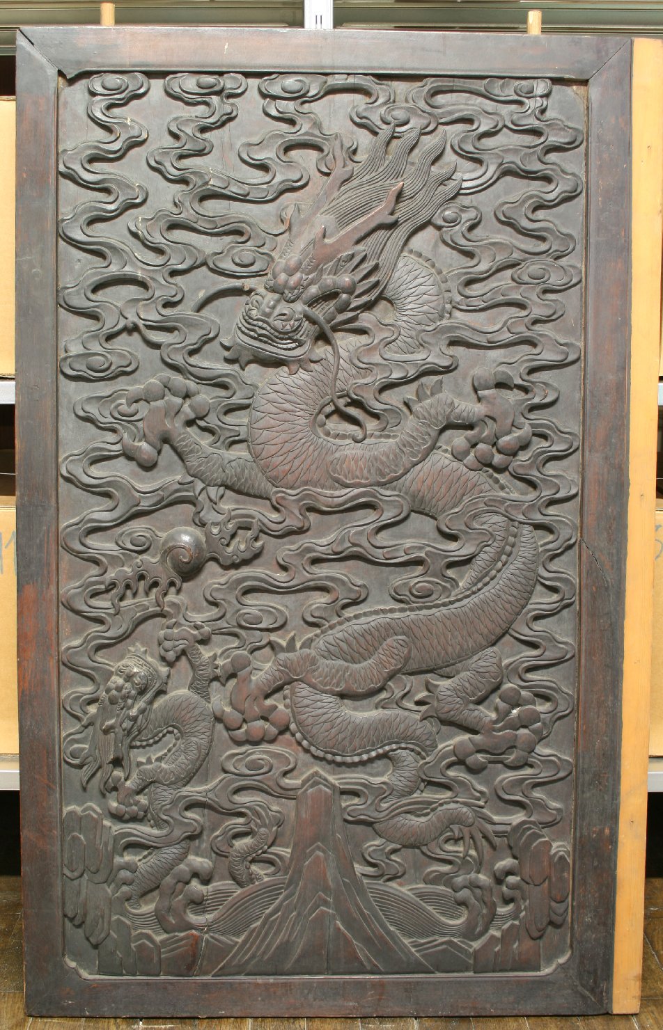 draghi, monte Meru (pannello, opera isolata) - ambito cinese (?) (metà sec. XIX)