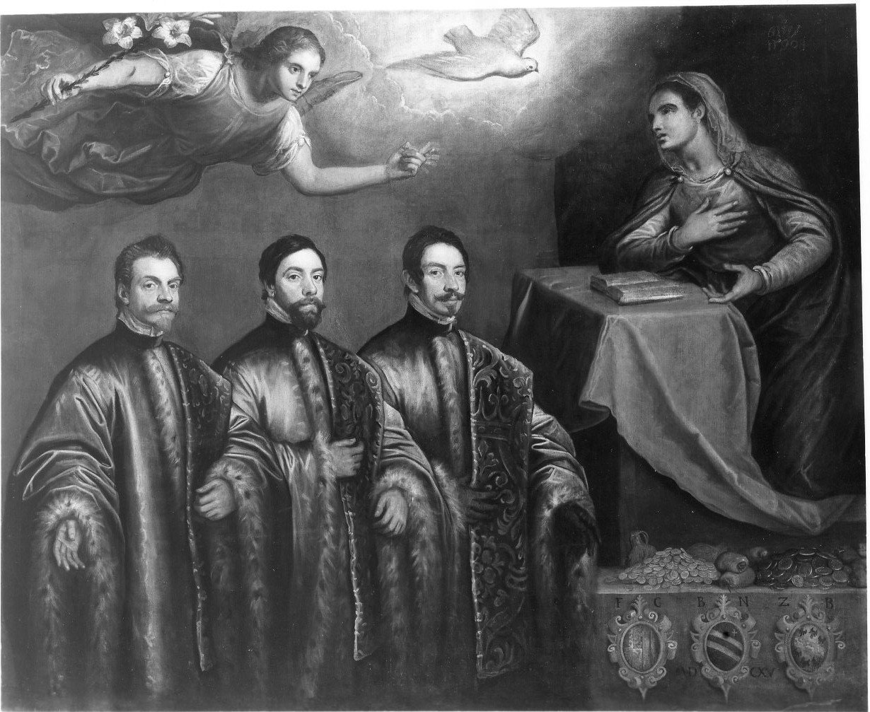 Annunciazione con tre avogadori, Annunciazione e committenti (dipinto, opera isolata) di Robusti Domenico detto Domenico Tintoretto (attribuito) (primo quarto sec. XVII)