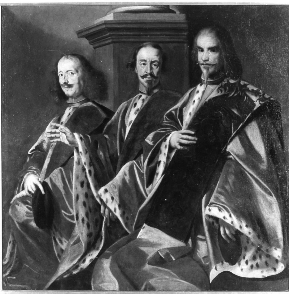 ritratto di tre avogadori, ritratto di uomini (dipinto, opera isolata) di Regnier Nicolas detto Renieri (attribuito) (sec. XVII)