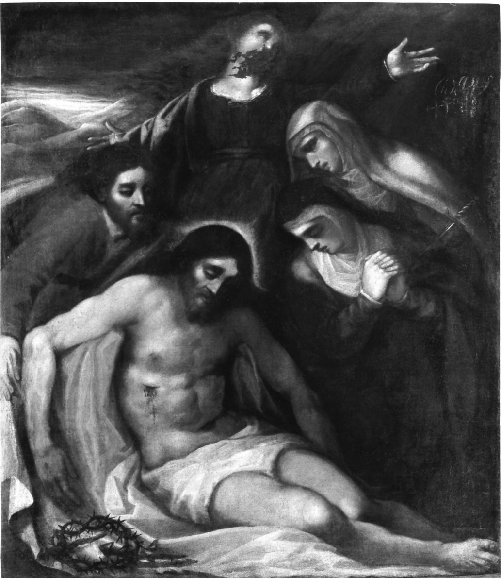 Cristo morto con San Giovanni d'Arimatea e le tre Marie, Cristo morto (dipinto, opera isolata) di Negretti Jacopo detto Palma il Giovane (attribuito) (prima metà sec. XVII)