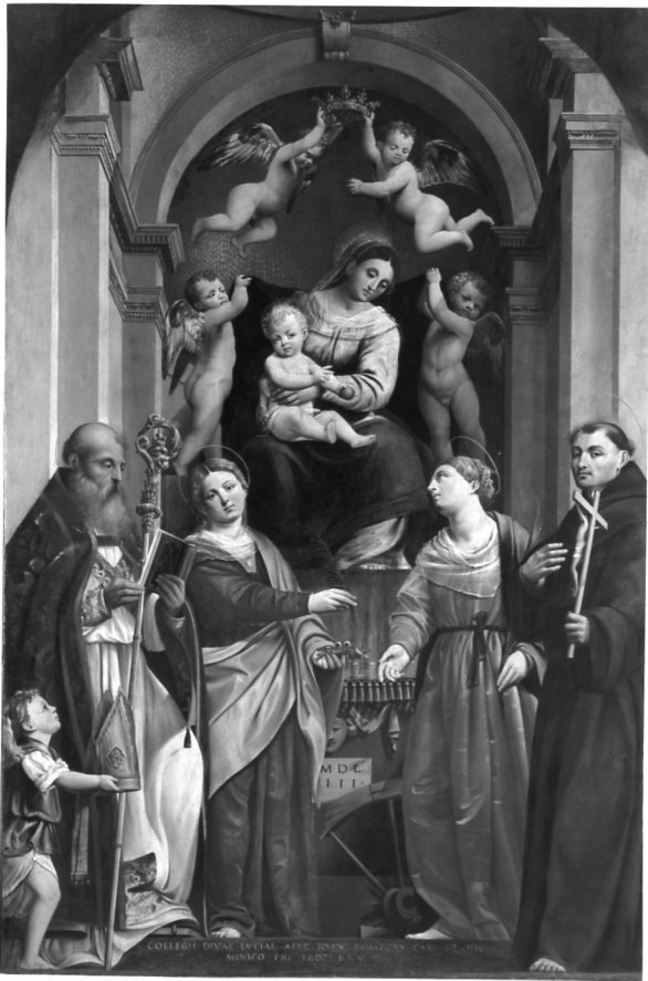 Madonna con bambino in trono e i Santi Benedetto, Lucia, Caterina e Nicola da Tolentino, Madonna con bambino in trono e i Santi Benedetto, Lucia, Caterina e Nicola da Tolentino (dipinto, opera isolata) di Blacci Bernardino (metà sec. XVI)