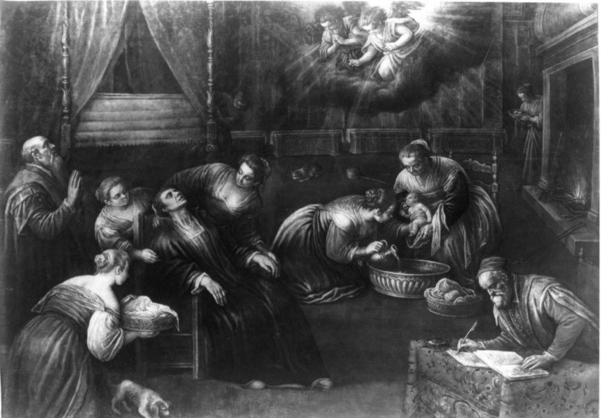 natività di Maria, nascita di Maria Vergine (dipinto, opera isolata) di Da Ponte Leandro detto Leandro Bassano (secc. XVI/ XVII)
