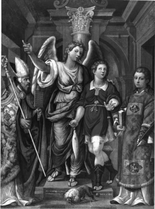 Santi Ermagora e Fortunato con Tobiolo e l'angelo Raffaele, Santi Ermagora e Fortunato con Tobiolo e l'angelo Raffaele (dipinto, opera isolata) di Floreani Francesco (ultimo quarto sec. XVI)