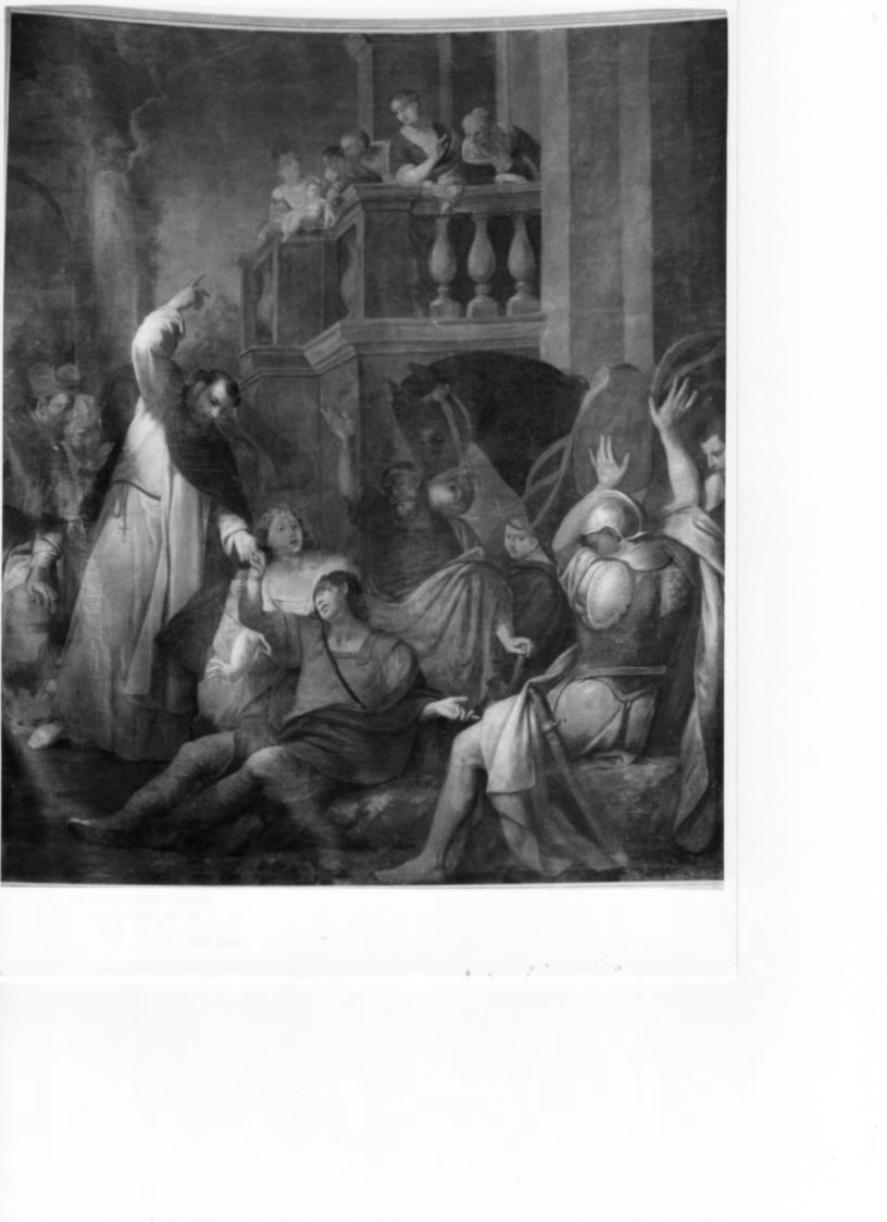 San Domenico risana Napoleone Orsini caduto da cavallo, San Domenico resuscita Napoleone Orsini (dipinto, opera isolata) di Lazzarini Gregorio (inizio sec. XVIII)