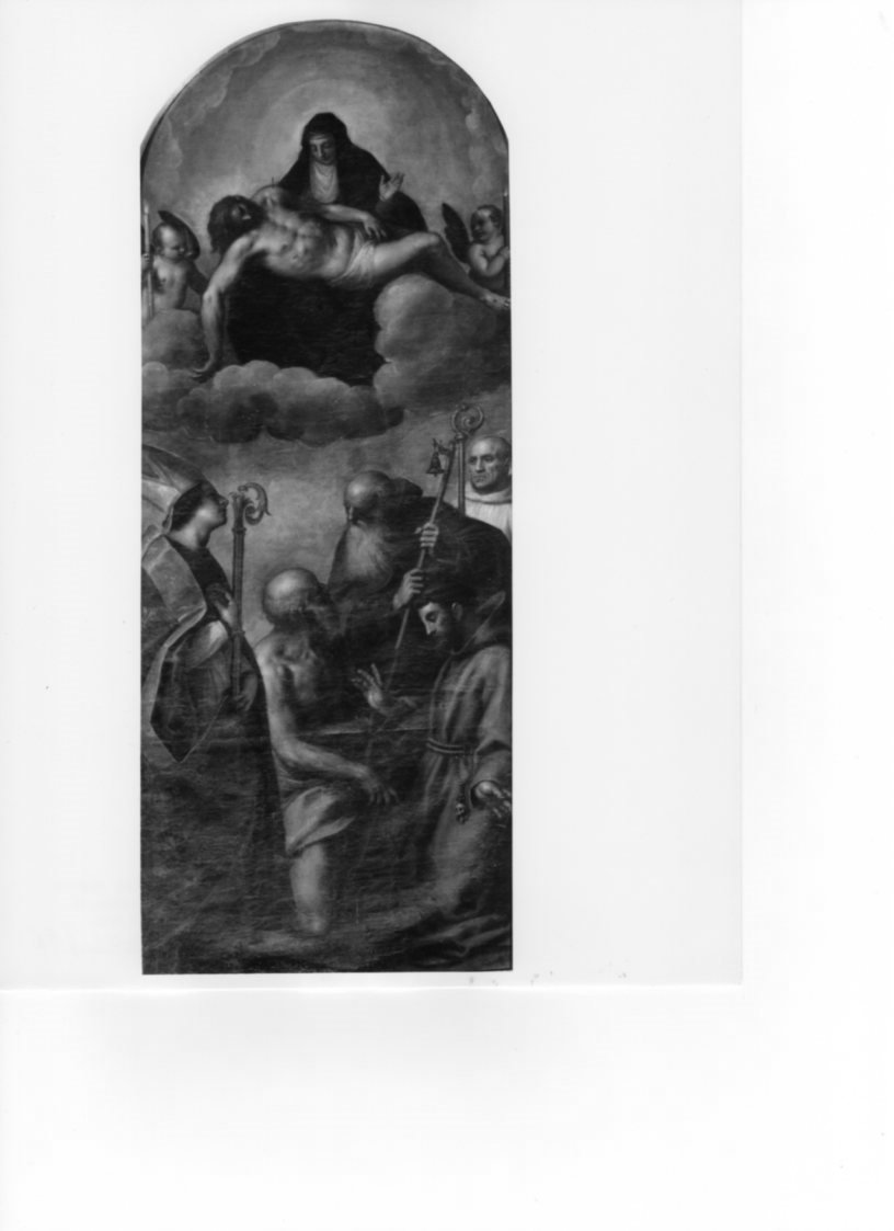 Cristo in pietà e i Santi Luigi, Domenico, Francesco, Girolamo e Antonio Abate, Cristo in pietà e Santi (dipinto, opera isolata) di Negretti Jacopo detto Palma il Giovane (prima metà sec. XVII)